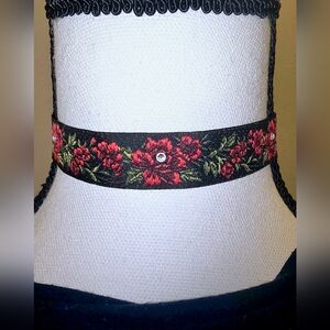 Red Floral Choker | Handmade Embroidered Necklace | Adjustable Gothic Accessory
